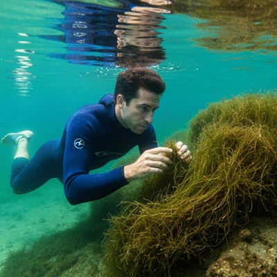 Aquatic biologist examining hydrilla in a clear lake