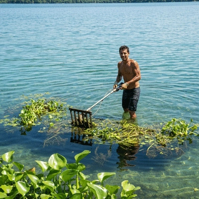 A person using mechanical tools to remove invasive aquatic plants from a clear freshwater lake, showing active conservation efforts, no text, no words, no typography