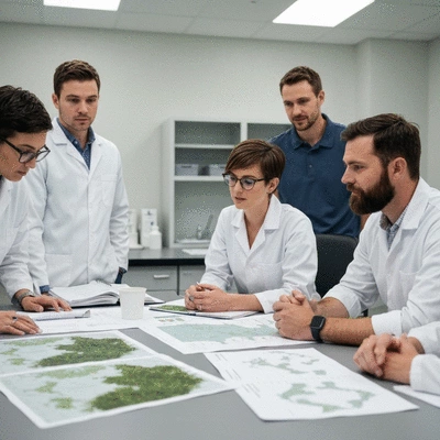 Aquatic biologists planning hydrilla management strategies at a table with maps and data