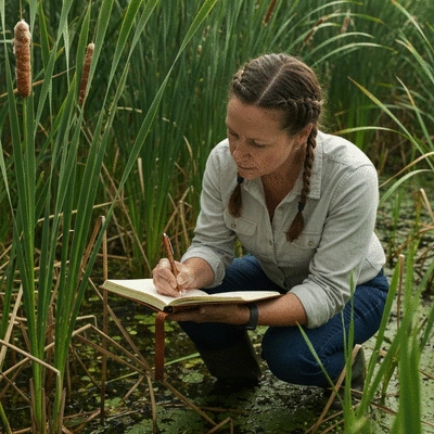 Ecologist studying invasive plant species in a wetland environment