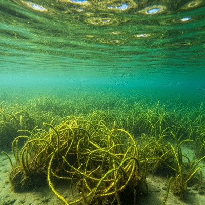 Dense hydrilla infestation in a clear freshwater lake, showing tangled green plants underwater, clear water, sunny day, no text, no words, no typography, 8K