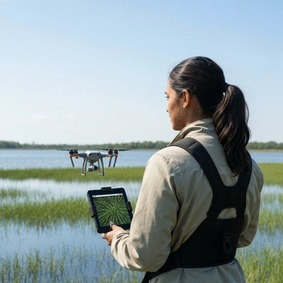 Environmental professional using advanced technology like a drone for hydrilla detection