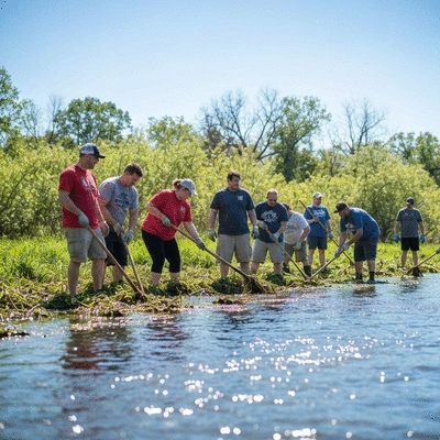 Community volunteers cleaning hydrilla from a lake