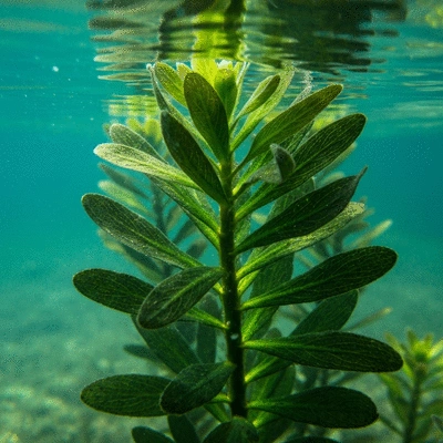 Close-up view of Hydrilla verticillata plant underwater, showing its distinctive leaf structure