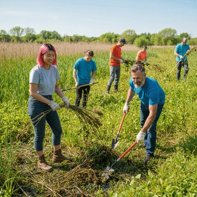 Community volunteers working together to remove invasive plants from a local wetland