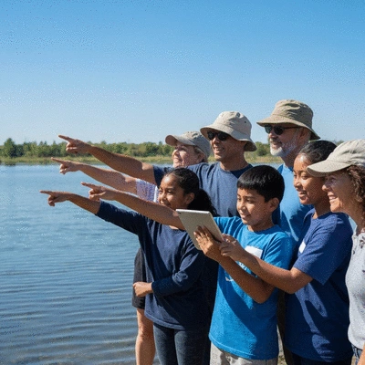 Community members using a tablet to report environmental findings