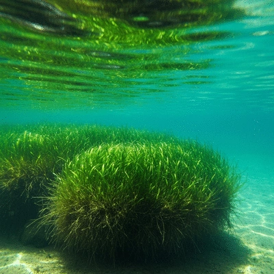 Underwater view of hydrilla growing in a lake, showing dense green foliage and roots