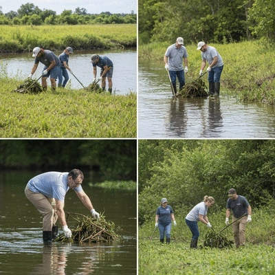 Community volunteers participating in a waterway cleanup, removing debris and monitoring for invasive plants like hydrilla