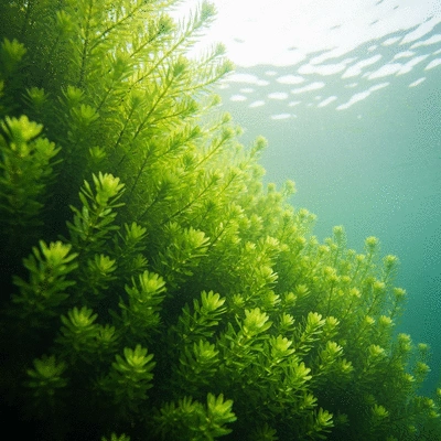 Close-up of Hydrilla verticillata underwater, showing dense growth and small green leaves, with sunlight filtering through, no text, no words, no typography, clean image