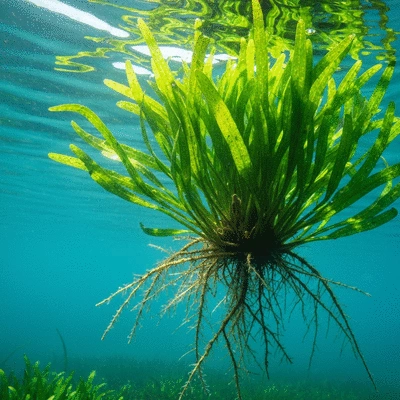 Detailed close-up of hydrilla plant in clear freshwater, showing roots and leaves, underwater perspective, no text, no words, no typography, clean image