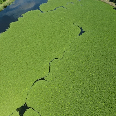 Dense mat of hydrilla covering a lake surface, showing environmental impact