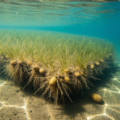 Underwater shot of dense hydrilla mat with fibrous roots and tubers visible in sediment