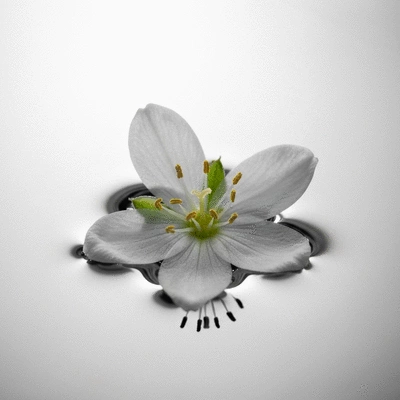 Macro close-up of a hydrilla flower floating on water, showing delicate petals and reproductive parts