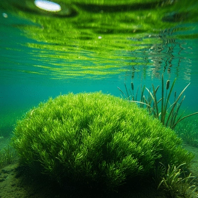 Close-up of invasive aquatic plants like hydrilla in clear water, with native plants struggling in the background