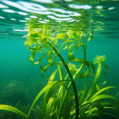 Close-up view of hydrilla verticillata plant underwater, showing whorled leaves and flexible stems, in clear fresh water