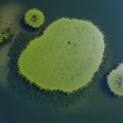 Dense mat of hydrilla verticillata choking a calm freshwater lake, viewed from above, with clear water around the edges, no text, no words, no typography