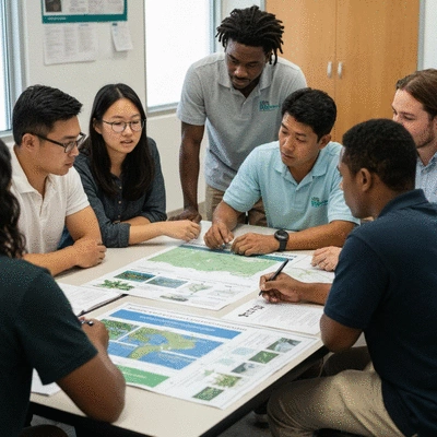 Diverse group of environmental professionals, educators, and community members collaborating around a table with maps and documents, symbolizing effective hydrilla management, no text, no words, no typography, clean image