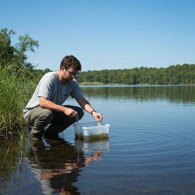 Scientist collecting water samples in a lake, showing scientific research for hydrilla management
